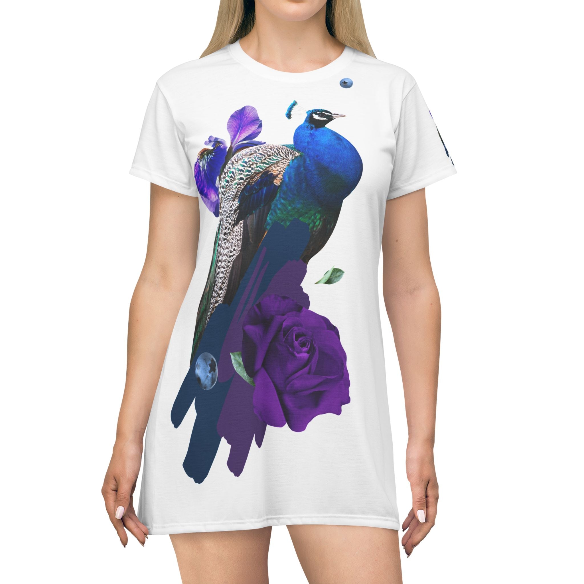 Elegant Peacock Floral T-Shirt Dress, Bohemian Style Dress, Summer Fashion, Casual Wear, Gift for Her, Festival Outfit